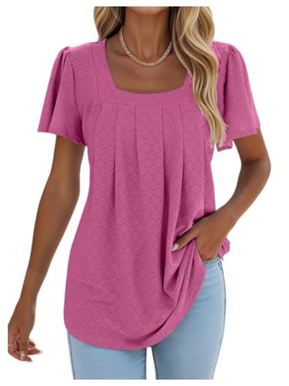 Women's Pleated Square Neck Ruffle Sleeve Tunic Curved Hem